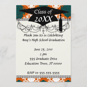 Invitación patrón de damasco blanco verde azulado de naranja
