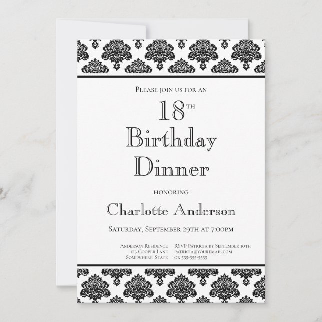 Invitación Patrón de Damasco Blanco y Negro 18ª Cena de cumpl (Anverso)