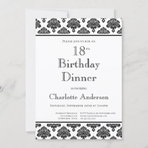 Invitación Patrón de Damasco Blanco y Negro 18ª Cena de cumpl