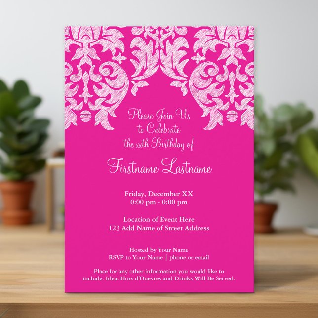 Invitación Patrón de Damasco de tonos rosados y animados (Unique Invitation)