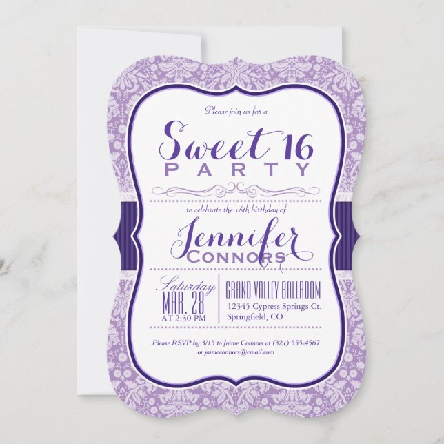 Invitación Patrón de Damasco Púrpura; Dulce fiesta de cumplea (Anverso)