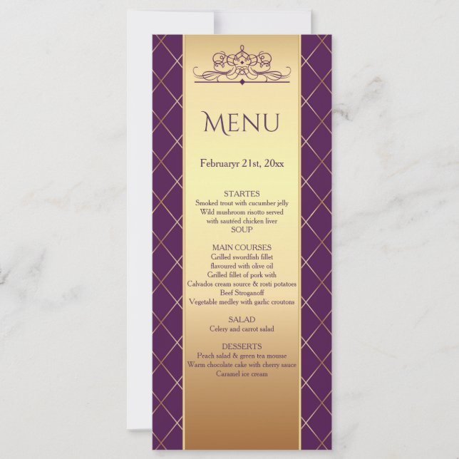 Invitación Patrón de diamante dorado en el menú Boda púrpura  (Anverso)