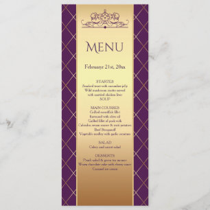 Invitación Patrón de diamante dorado en el menú Boda púrpura 