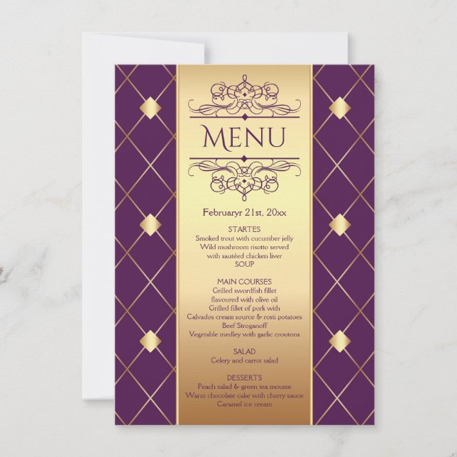 Invitación Patrón de diamante dorado en el menú Boda púrpura (Anverso)