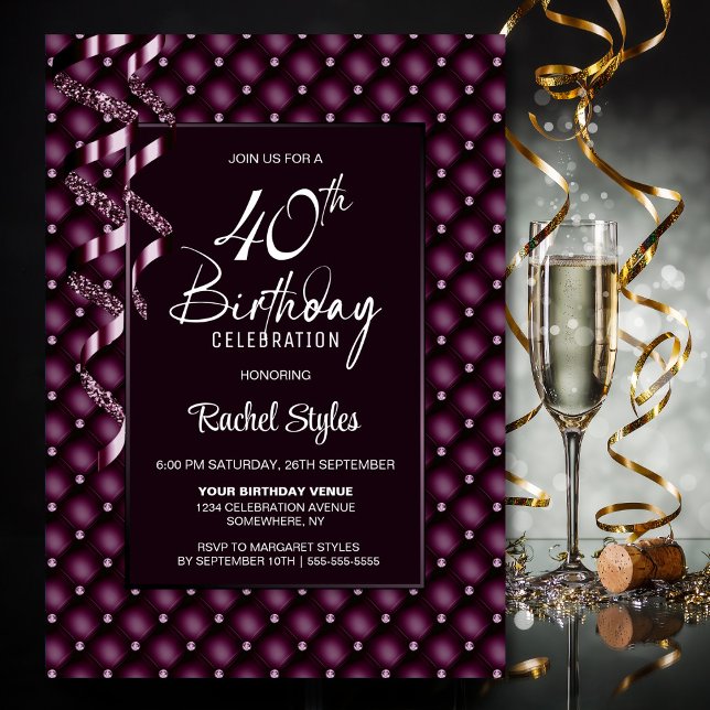 Invitación Patrón de diamantes de Borgoña 40 Fiesta de cumple (Subido por el creador)