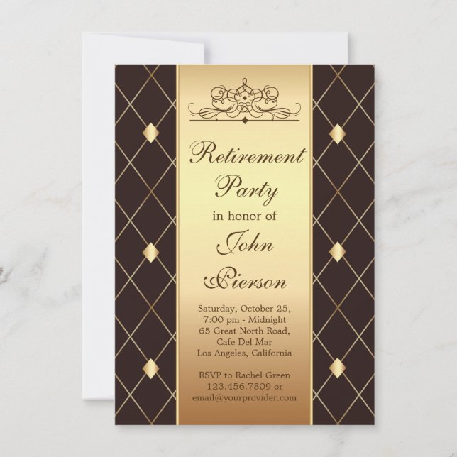 Invitación Patrón de diamantes de oro en Fiesta de Jubilación (Anverso)
