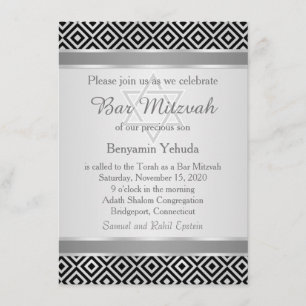 Invitación Patrón de diamantes negro plateado Bar Mitzvah Inv