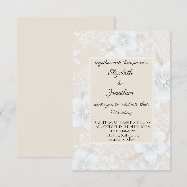Invitación Patrón de Encaje Beige Azul Boda (Anverso / Reverso)