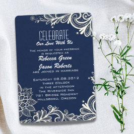 Invitación patrón de encaje blanco moderno boda azul marino