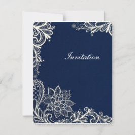 Invitación patrón de encaje blanco vintage boda azul marino