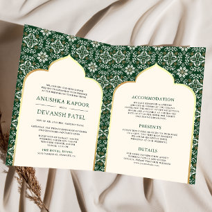 Invitación Patrón de esmeralda de marfil Todo en uno Boda ind