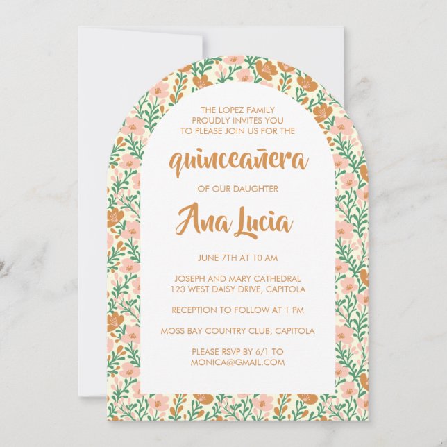 Invitación Patrón de flor de arco floral CUSTOMPhoto Quinceañ (Anverso)