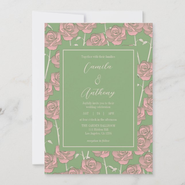 Invitación Patrón de flor del Retro Rosa Verde Y2K 70s (Anverso)