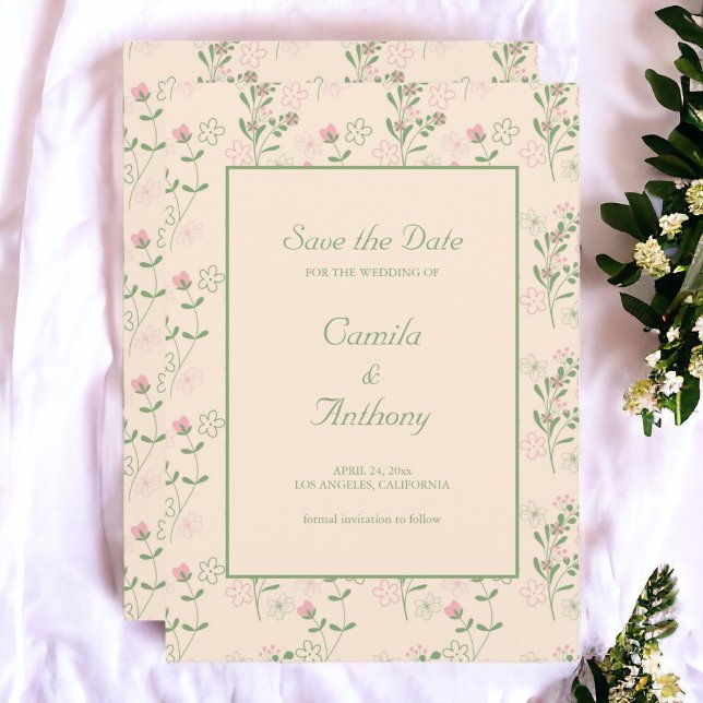 Invitación Patrón de flor del Retro Verde Rosa Y2K 70 (Zazzle Pink Green Retro Y2K 70s Flower Pattern Save The Date)