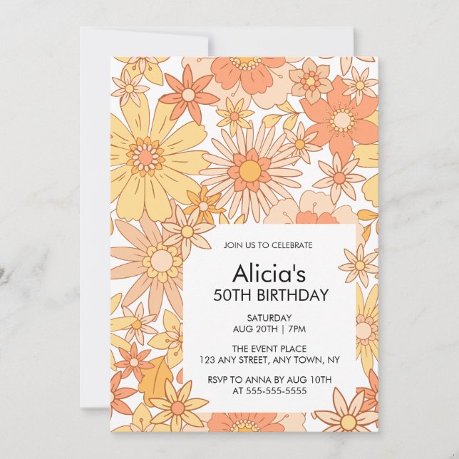 Invitación Patrón de Flora de Peach Naranja Retro 50 cumpleañ (Anverso)