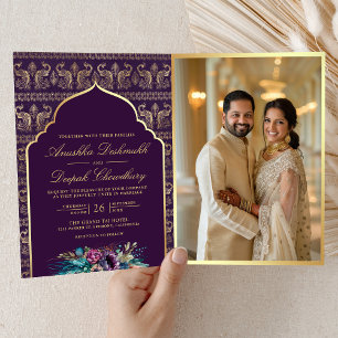 Invitación Patrón de Floral de Pavo Real de Oro Púrpura Boda 