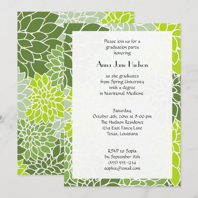 Invitación Patrón De Flores, Dalia Verde, Graduación (Anverso / Reverso)