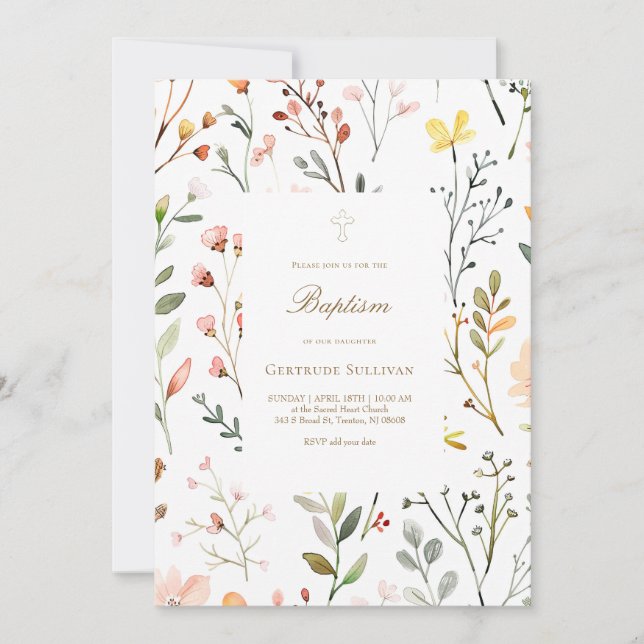 Invitación patrón de flores de prado acuarela Bautizo (Anverso)