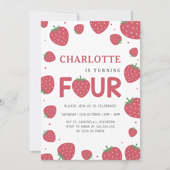 Invitación Patrón de fresa roja 4 de verano cumpleaños (Anverso)
