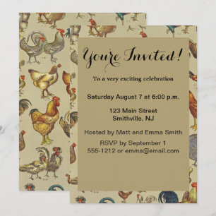 Invitación Patrón de gallo vintage: Arte de granja
