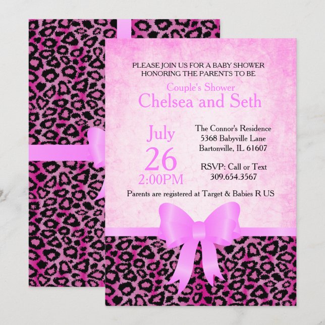 Invitación Patrón de gato animal jaguar| rosa| Bebé Chica Sho (Anverso / Reverso)