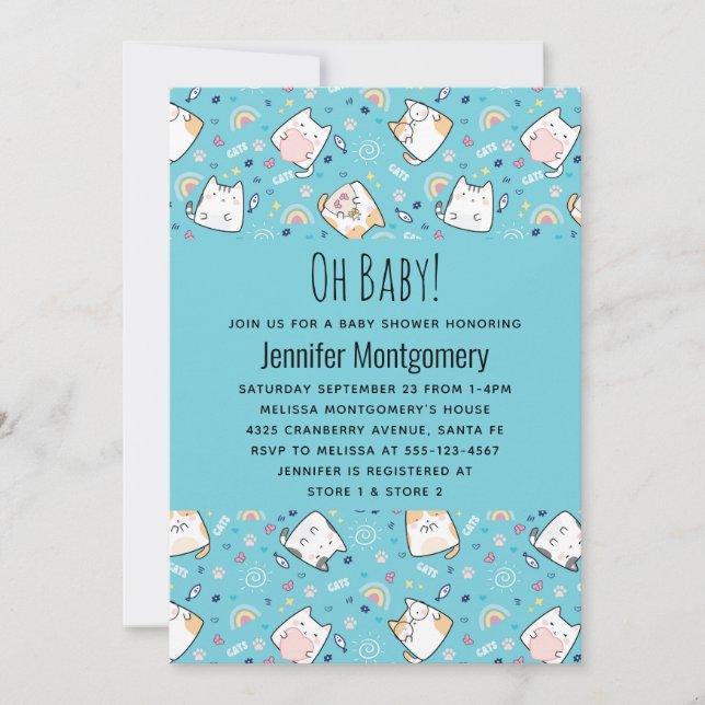 Invitación Patrón de gato Kitty Whimsical Baby Shower (Anverso)
