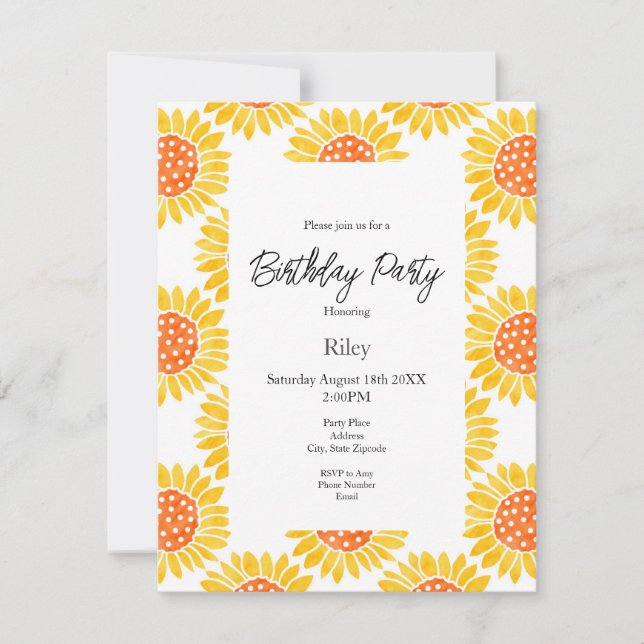 Invitación Patrón de girasol color agua Naranja amarillo (Anverso)