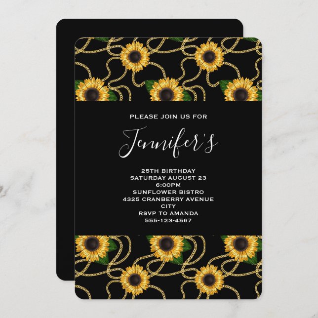 Invitación Patrón de girasoles amarillo bonito en cumpleaños  (Anverso / Reverso)