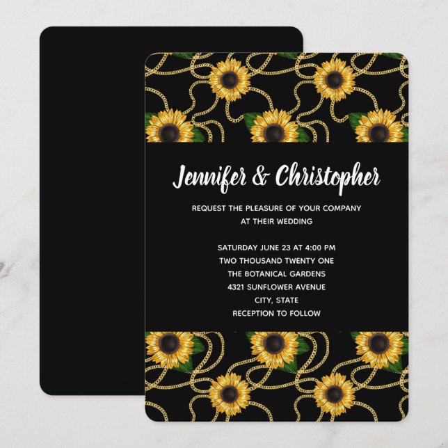 Invitación Patrón de girasoles amarillos bonitos en Boda negr (Anverso / Reverso)