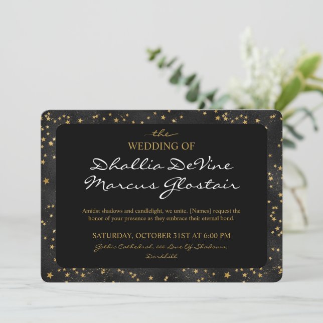Invitación Patrón De Gótico De Las Estrellas Negra Y Oro (Anverso de pie)