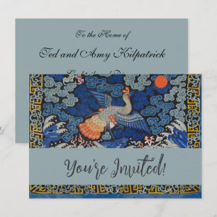 Invitación Patrón de grulla china vintage: azul imperial
