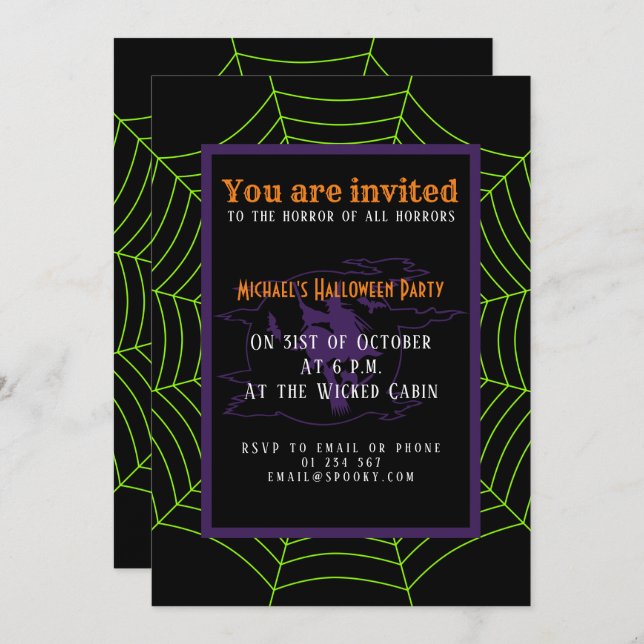 Invitación Patrón de Halloween en la telaraña verde neonesa n (Anverso / Reverso)