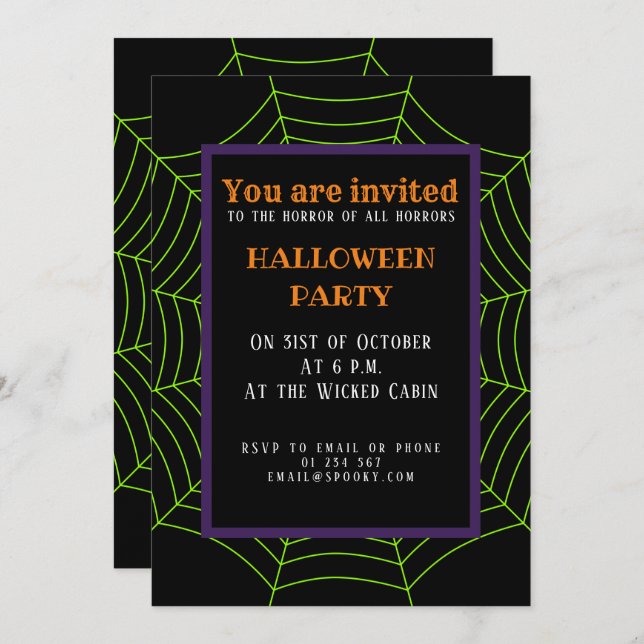 Invitación Patrón de Halloween en la telaraña verde neonesa n (Anverso / Reverso)