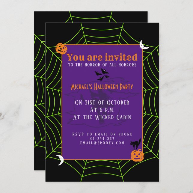 Invitación Patrón de Halloween en la telaraña verde neonesa n (Anverso / Reverso)