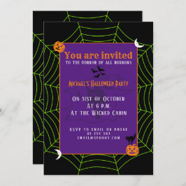 Invitación Patrón de Halloween en la telaraña verde neonesa n