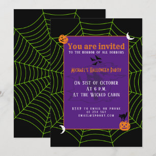 Invitación Patrón de Halloween en la telaraña verde neonesa n