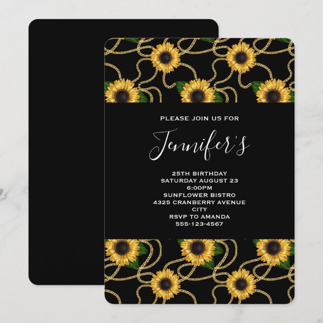 Invitación Patrón de hermosos girasoles amarillos en cumpleañ (Anverso / Reverso)
