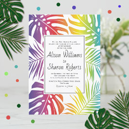 Invitación Patrón de hoja tropical arcoiris boda lesbiana gay