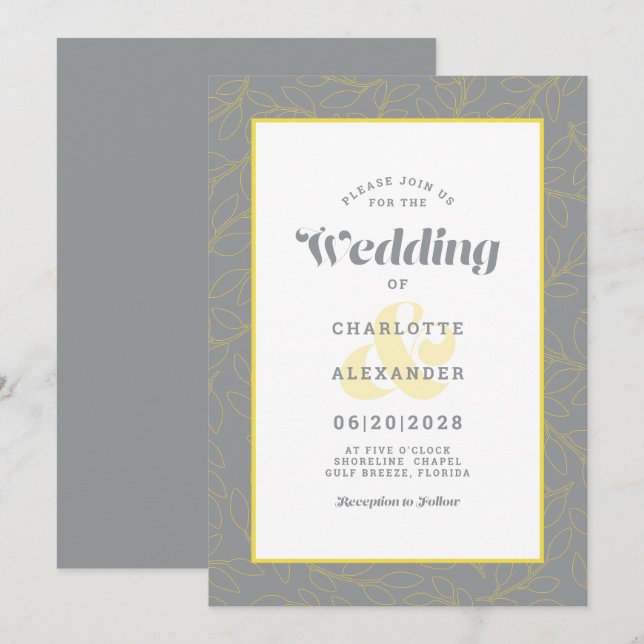 Invitación Patrón de hojas abstractas modernas | Gris y amari (Anverso / Reverso)