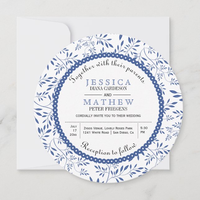 Invitación Patrón de hojas azul índigo boda floral moderno (Anverso)