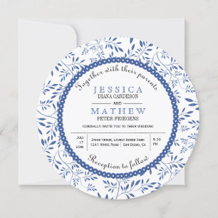 Invitación Patrón de hojas azul índigo boda floral moderno