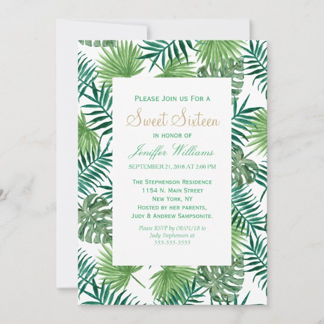 Invitación Patrón de hojas botánicas de follaje tropical.     (Anverso)