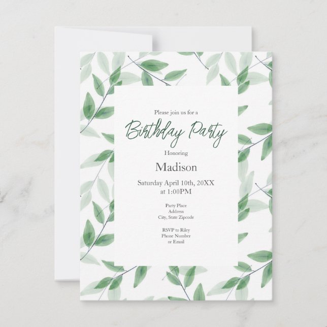 Invitación Patrón de hojas de acuarela de capas verdes (Anverso)