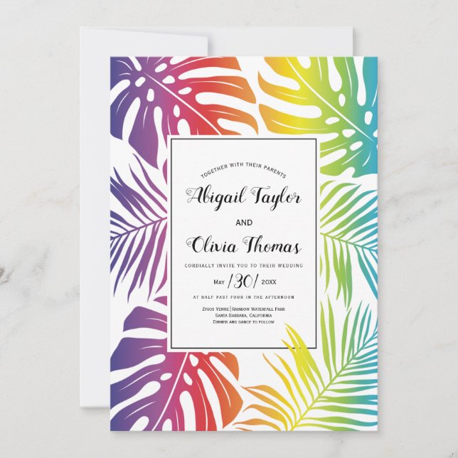 Invitación Patrón de hojas de colores arcoiris boda lesbiana  (Anverso)