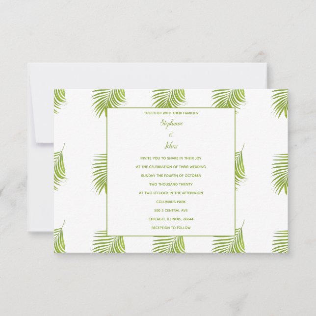 Invitación Patrón de hojas de palmeras tropicales Boda blanco (Anverso)