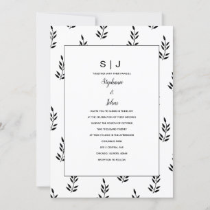 Invitación Patrón de hojas Monograma blanco negro Boda de nom