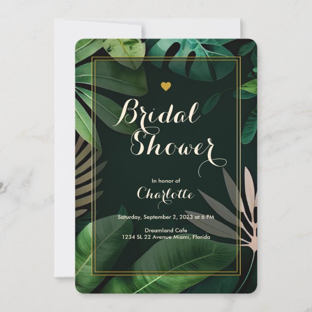 Invitación Patrón de hojas tropicales | BODA | Ducha de novia (Anverso)