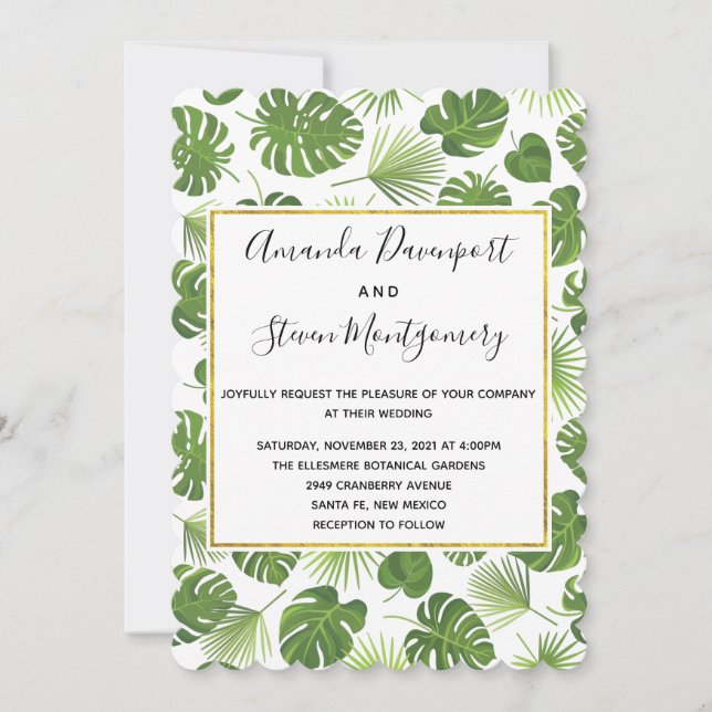 Invitación Patrón de hojas tropicales verdes Boda elegante (Anverso)