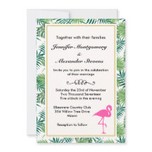 Patrón de hojas tropicales y Boda de flamenco rosa