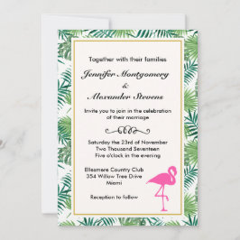 Invitación Patrón de hojas tropicales y Boda de flamenco rosa